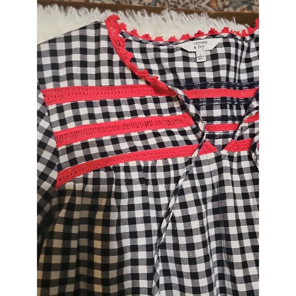 Crown & Ivy Frida's Garden Navy Red/White S Gingham Peasant Top Checks  Tassels - Picture 4 of 16